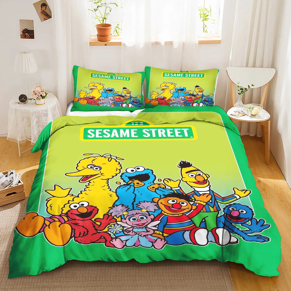 Pillowcase detail showing Cookie Monster with cookies and the words “Me Want Cookie!”.