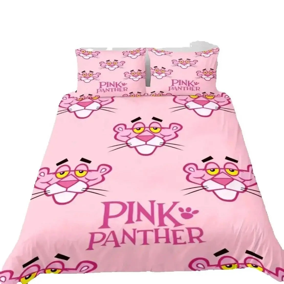 Pink Panther duvet cover set on queen bed with vibrant cartoon print