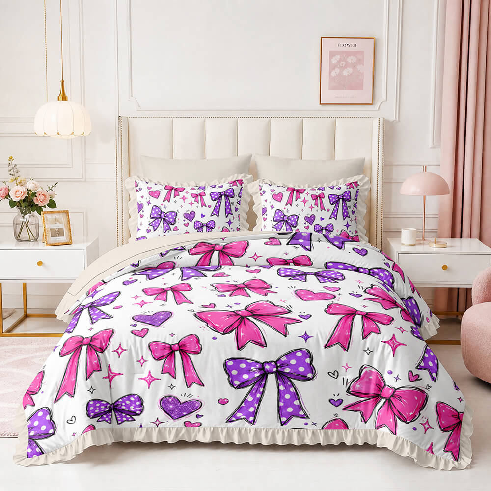 Pink bow heart doona cover set with butterfly and cherry floral bedding