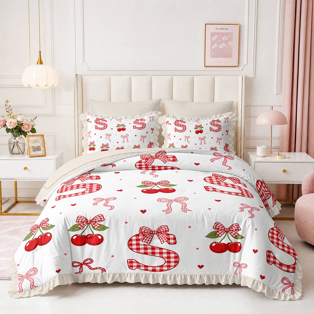 Pink bow heart doona cover set with butterfly and cherry floral bedding