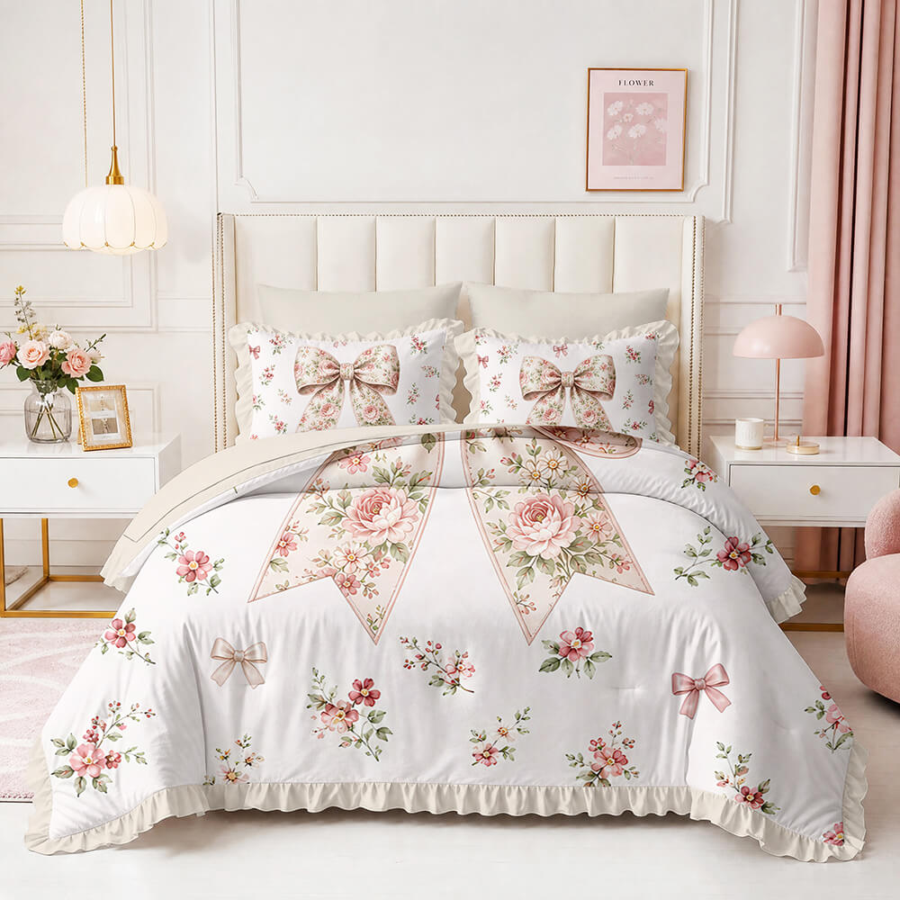 Pink heart doona cover with butterfly and cherry pattern