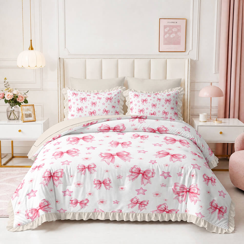 Pink bow bedding set with star print