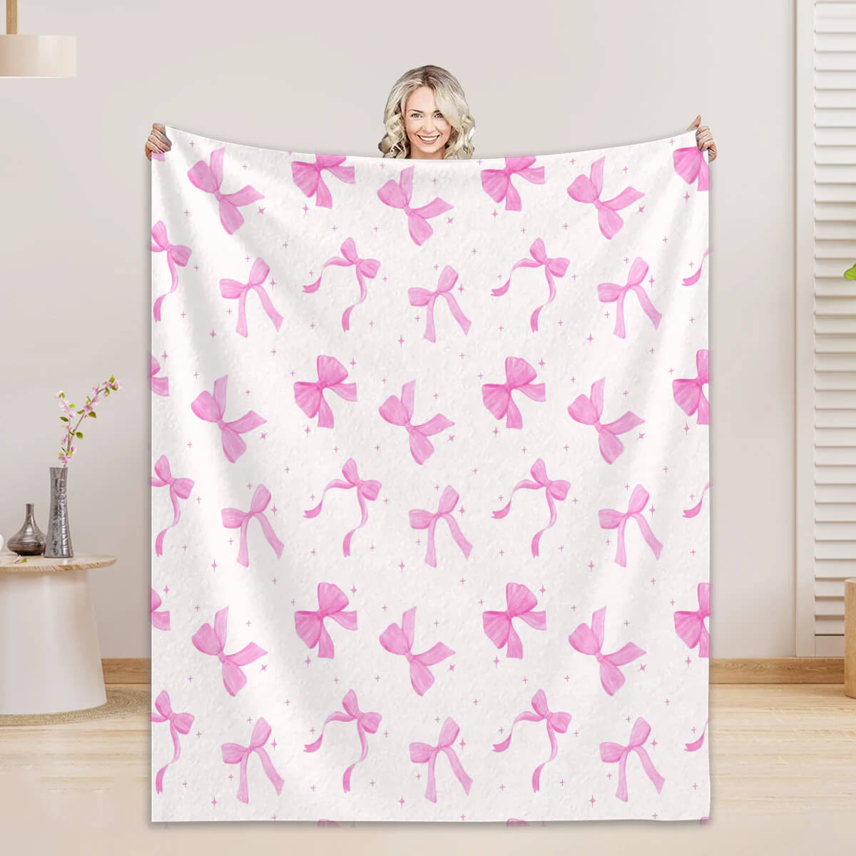 cozy flannel blanket with pink bow print