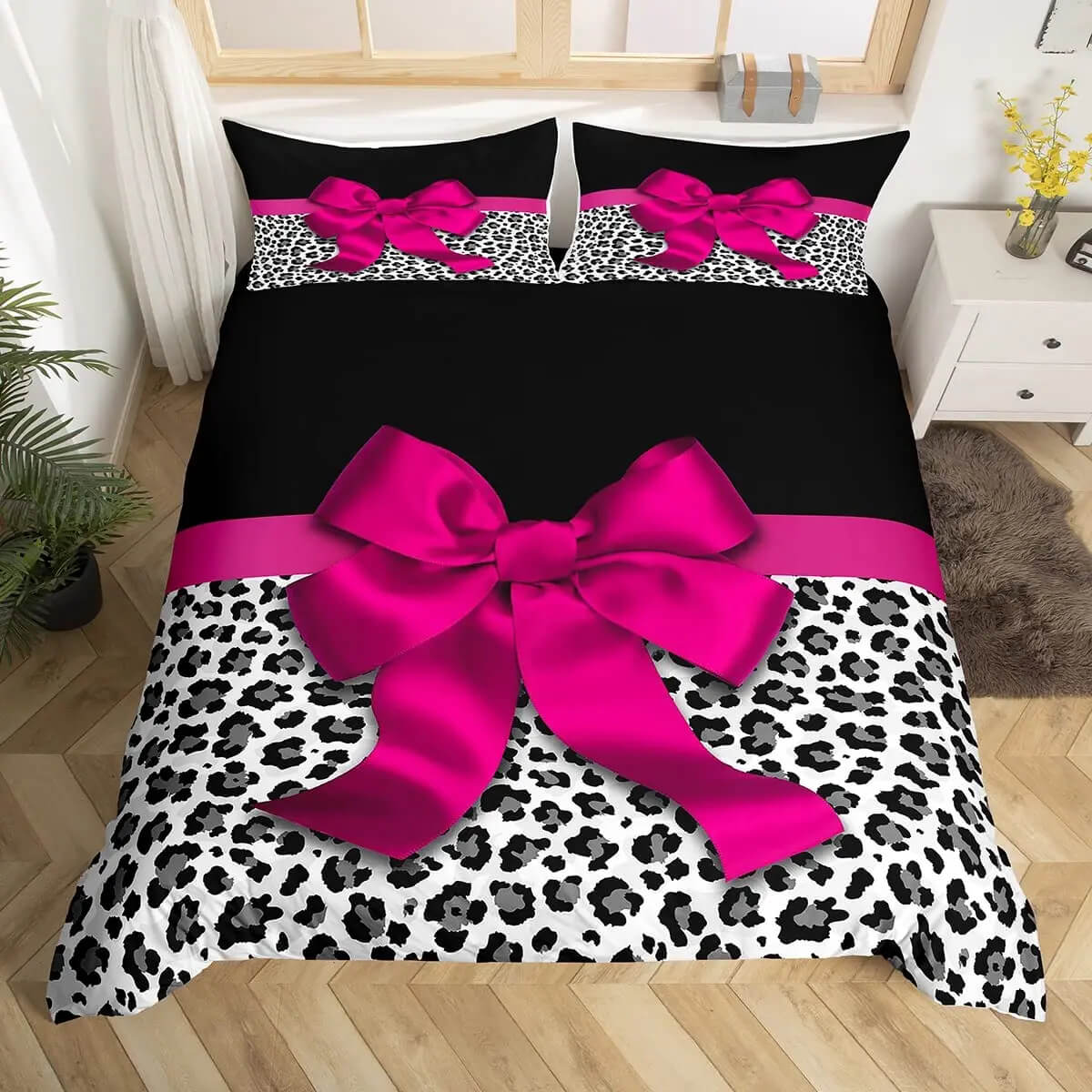 Elegant Pink Bowknot Quilt Cover with Floral Pattern