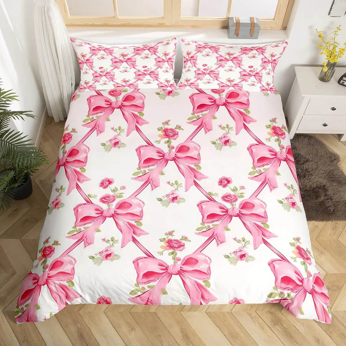Cozy Pink Bowknot Twin Bedding Set for Girls Bedroom