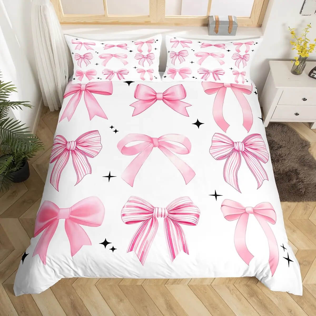 Cute Girly Pink Bowknot Bed Set for Women Bedroom