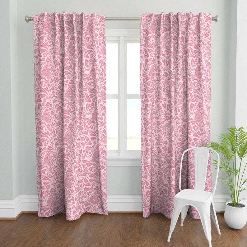 Pink Butterfly Curtain Panel - Romantic Floral Hearts Love Valentines Custom Curtain Panel
