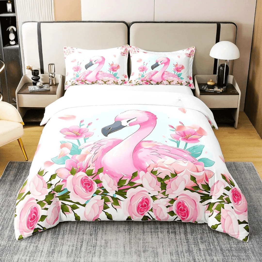 Pink flamingo duvet cover with green palm leaves