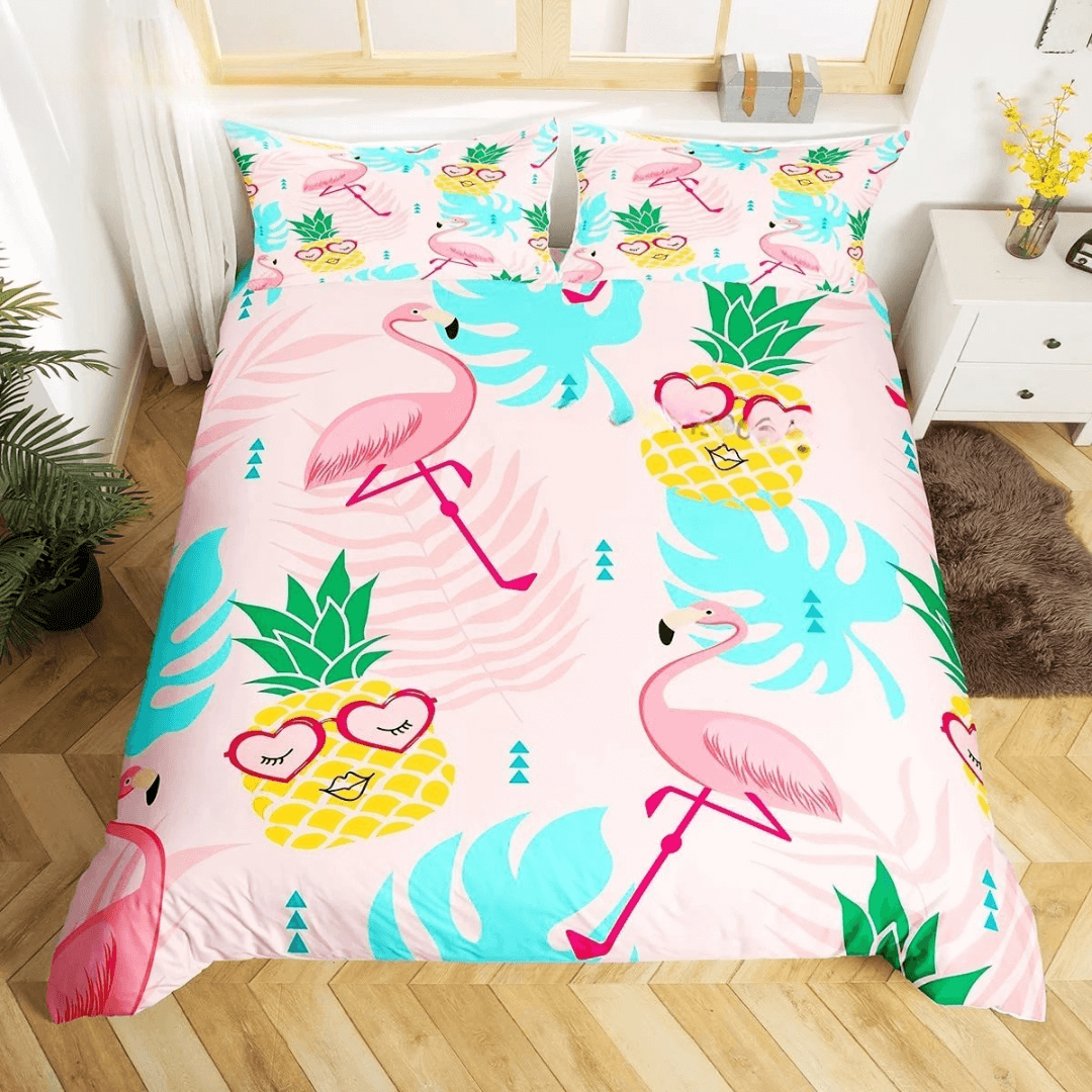Palm leaf and flamingo print bedding set