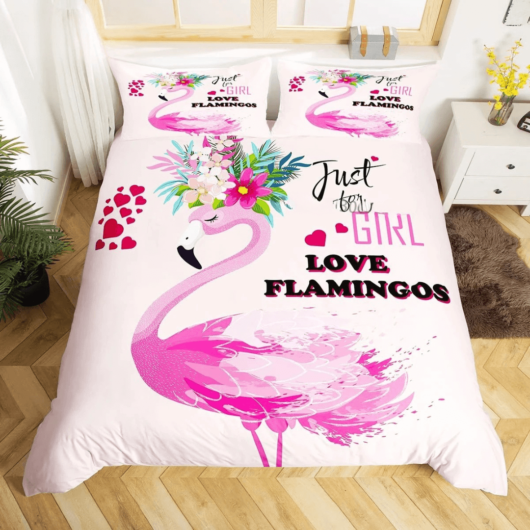 King size flamingo duvet cover with tropical leaves