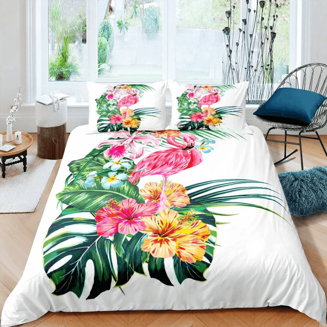 Palm leaf print flamingo bedding set queen size