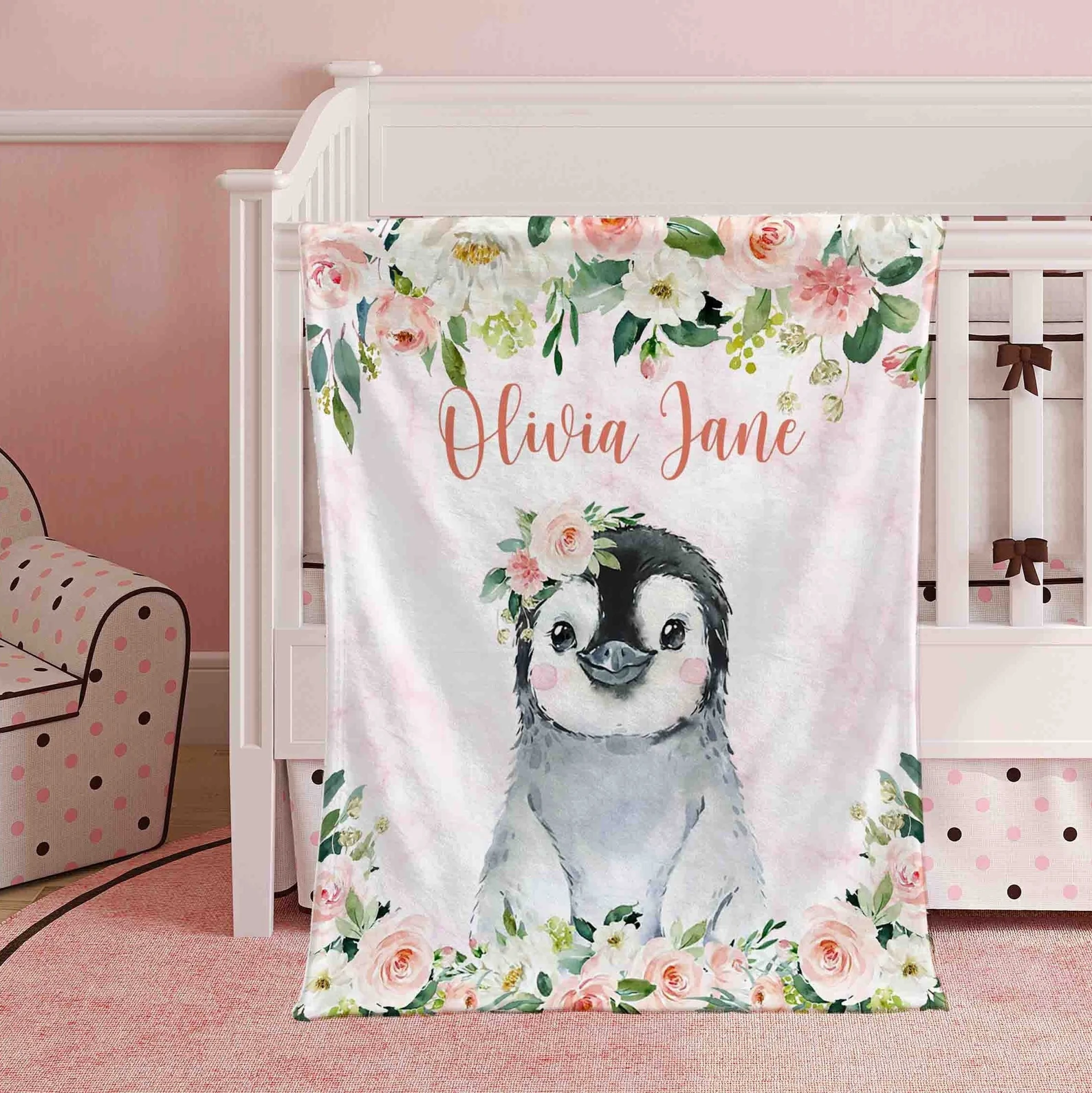 Pink Floral Penguin Nursery Blanket, Personalized Baby Blanket, Rose Flowers Little Girl Blanket Animal Baby Shower Gift Kids Custom Blanket