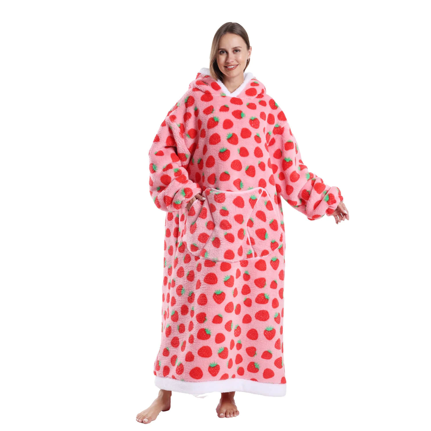 Pink Strawberry Long Hoodie Blanket