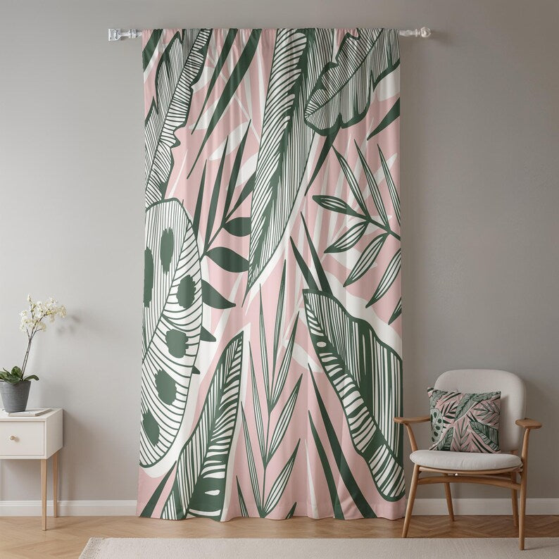 Pink Tropical Leaf Curtain, Modern Botanical Curtain Panel, Green Leaf Print Curtain, Tropical Leaf Window Drapes, Modern Botanical Drapes