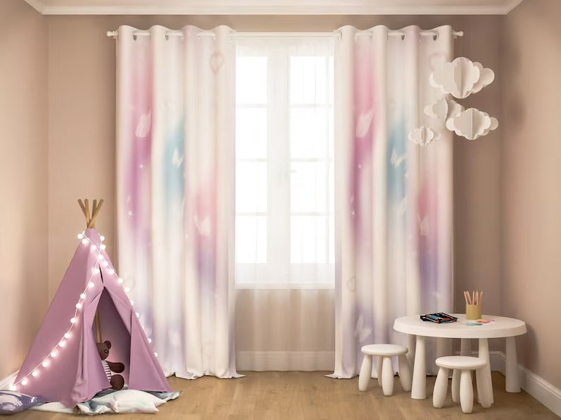 Pink Violet Butterflies Blue Watercolor Curtains for Nursery  Custom Window Blackout Toddler Bedroom Kids Room Playroom