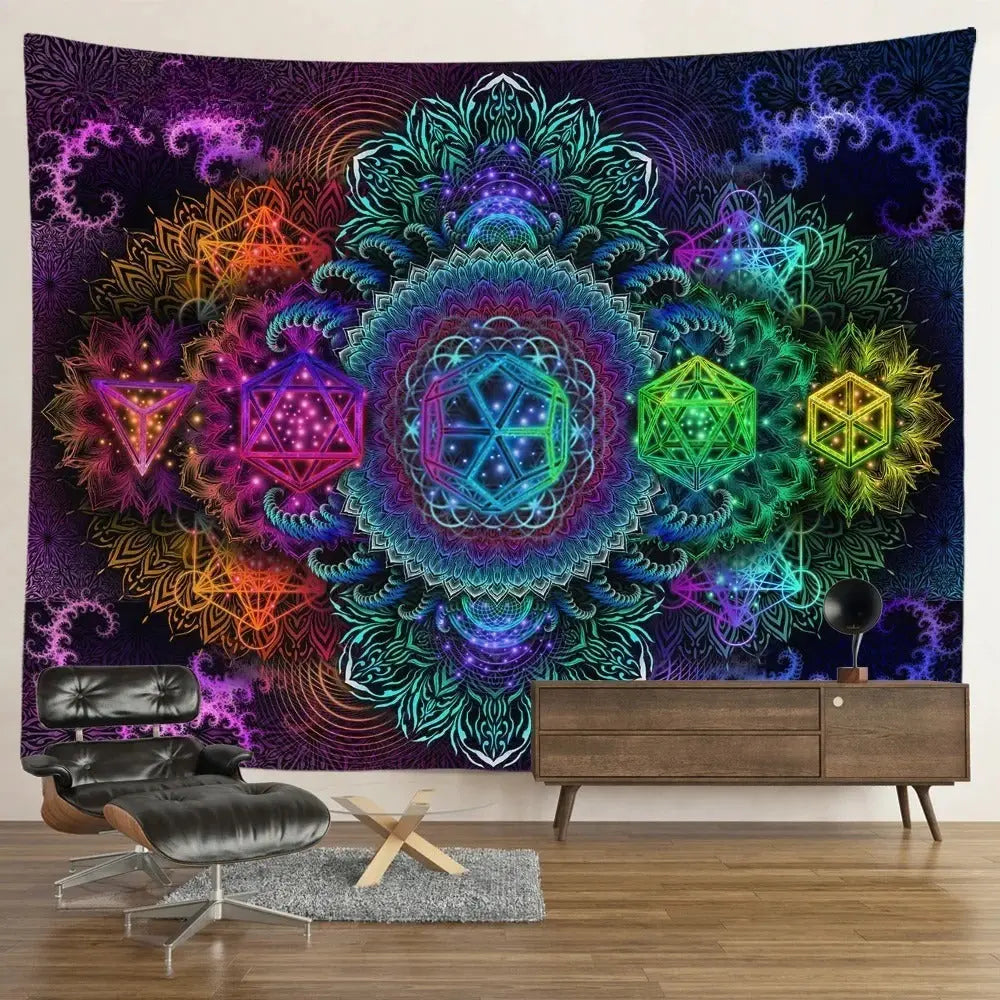 Colorful Platonic Solids Mandala Tapestry with Sacred Geometry and Cosmic Design