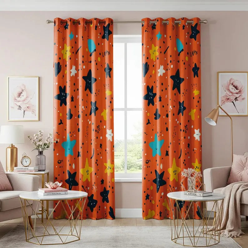 Playful Star Pattern Curtain, Orange and Multicolor Kids Room Design Custom Length Drapes, Fun Eyelet Panel for Nursery or Playroom Decor