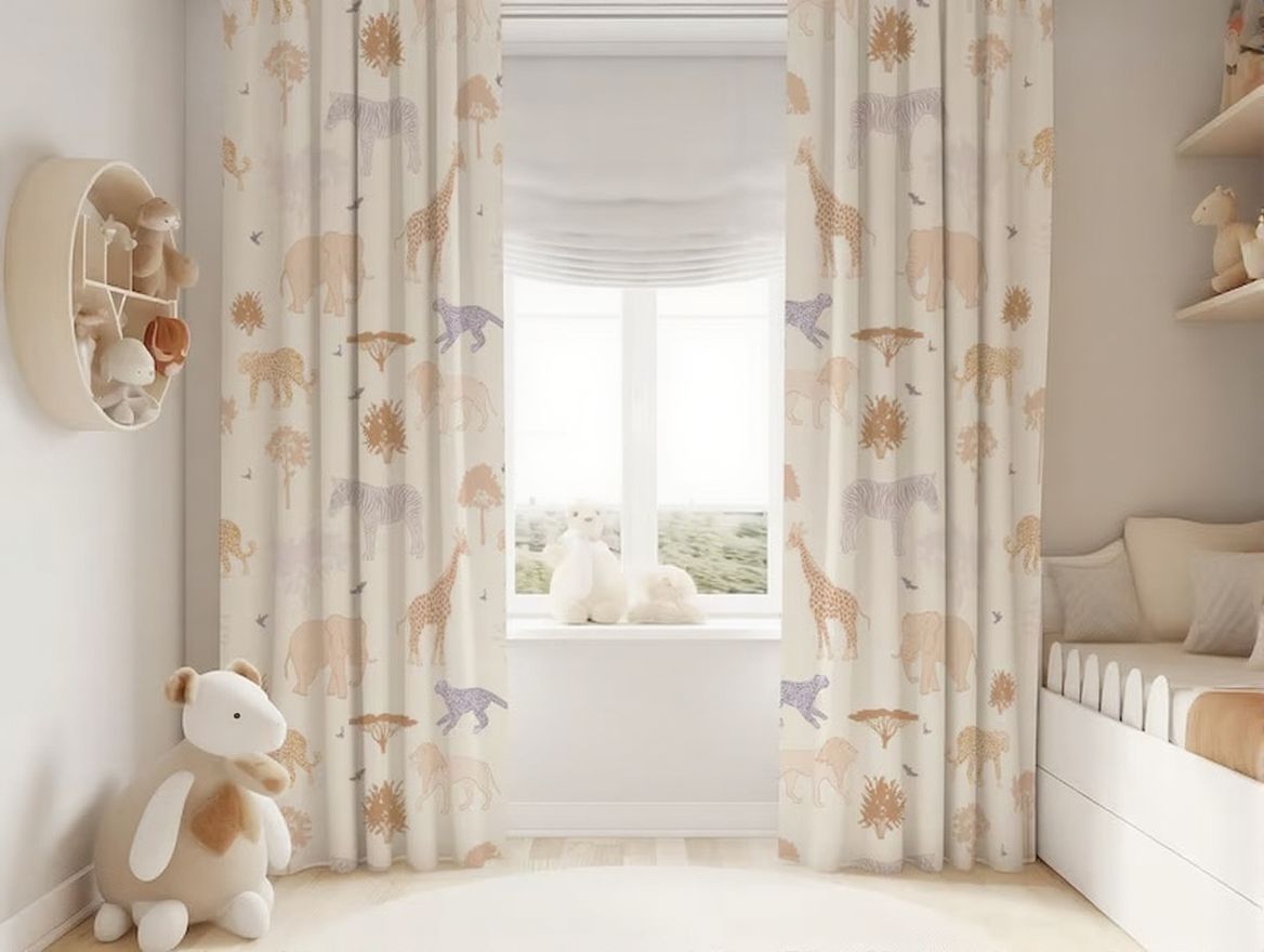 "Playroom window curtains featuring hand-painted safari animals – woodland theme"