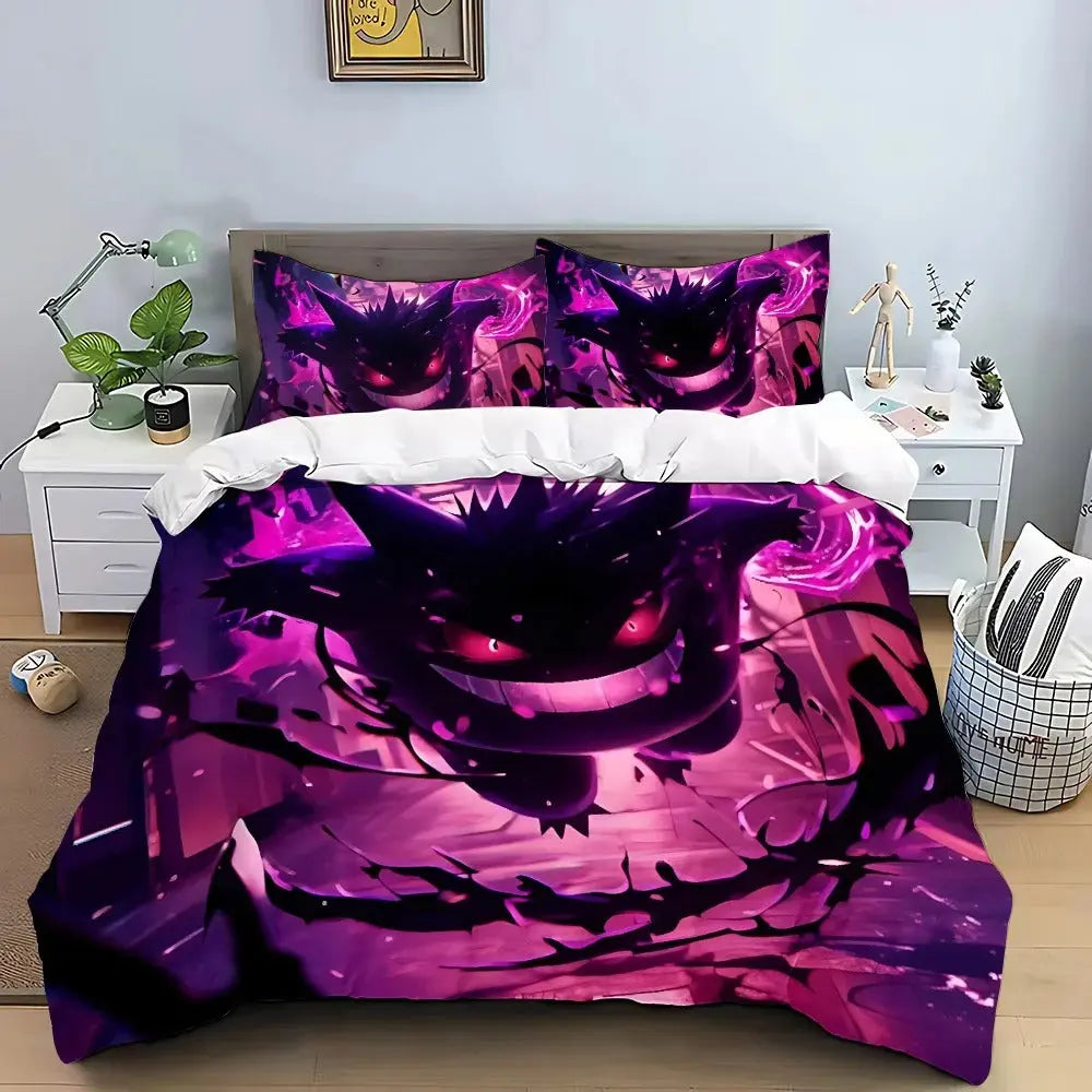 Gengar bedding set with glowing cartoon print on soft microfiber