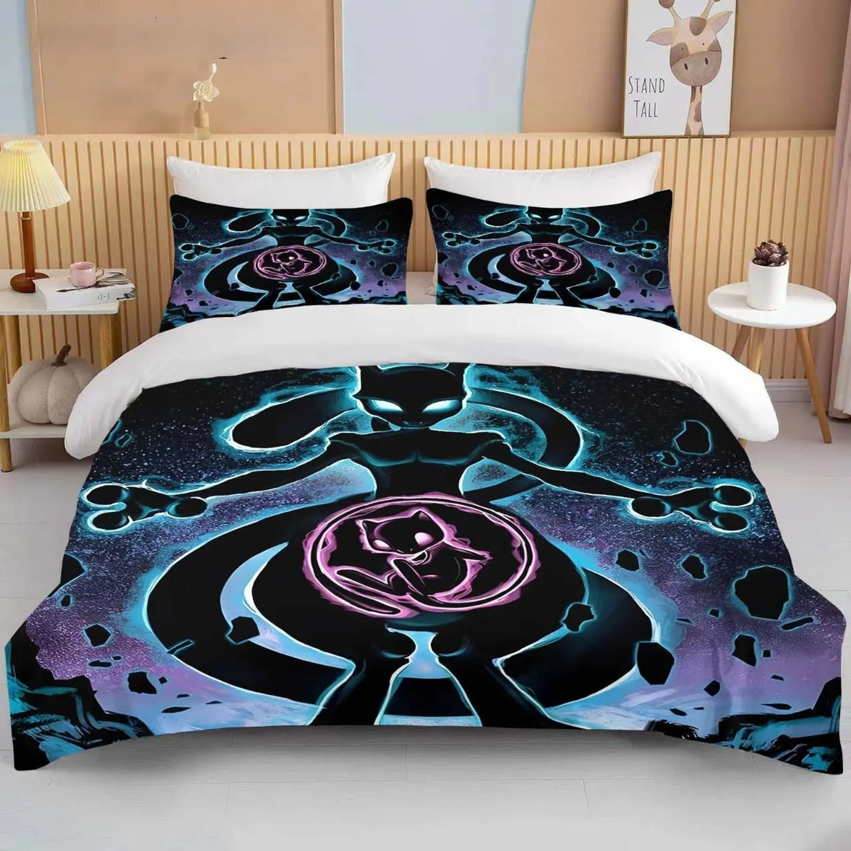 Pokémon Mewtwo anime bedding set with bold cartoon print on duvet and pillow