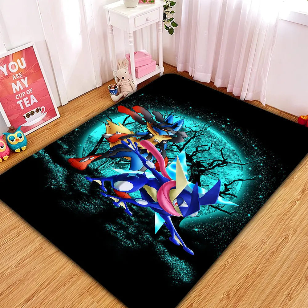 Greninja, Satoshi, and Mega Lucario Pokémon funny moonlight Halloween rug, soft anime carpet for bedroom, kids room, or home decor