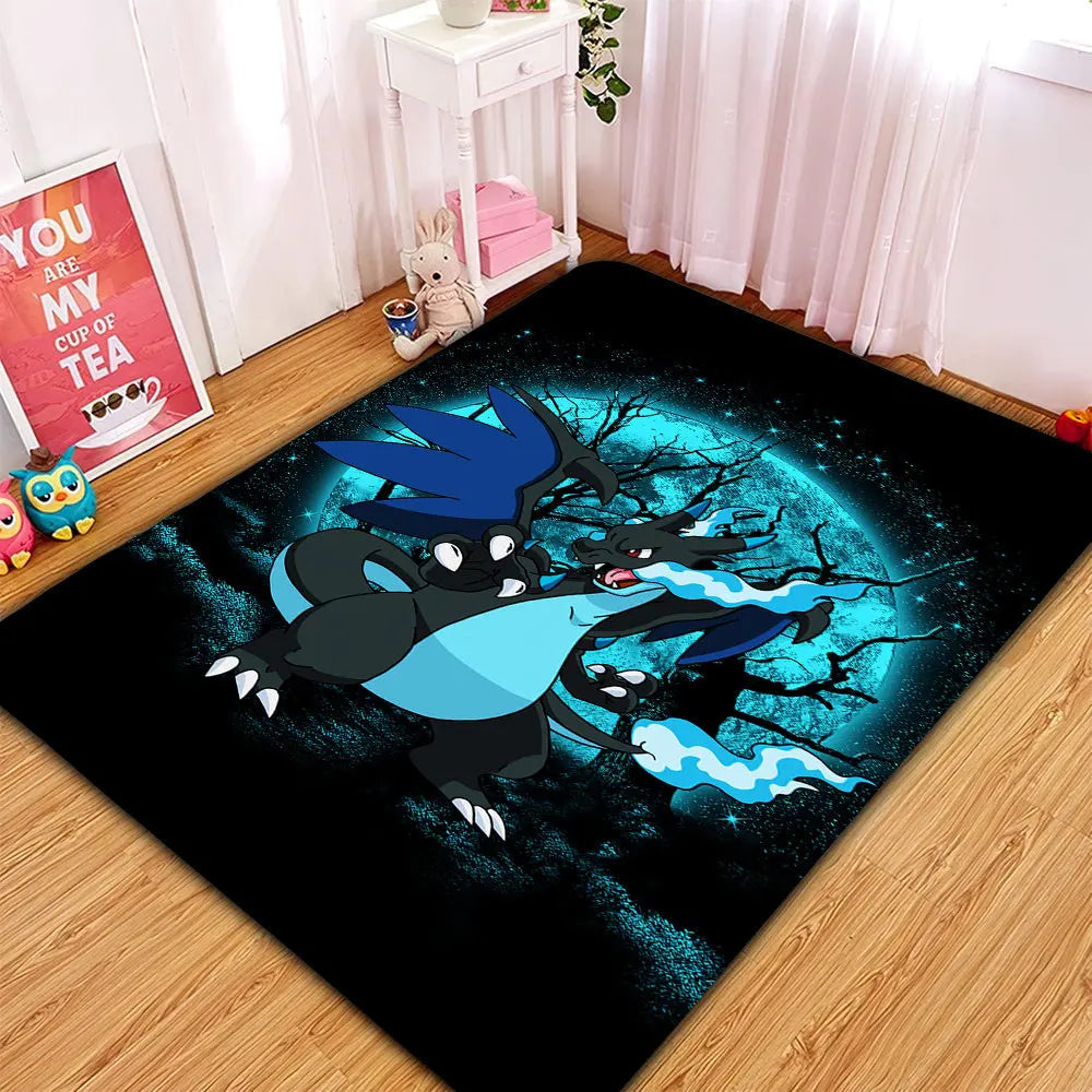 Charizard Mega X Pokémon rug with moonlight area carpet design, soft anime carpet for bedroom, living room, or home decor