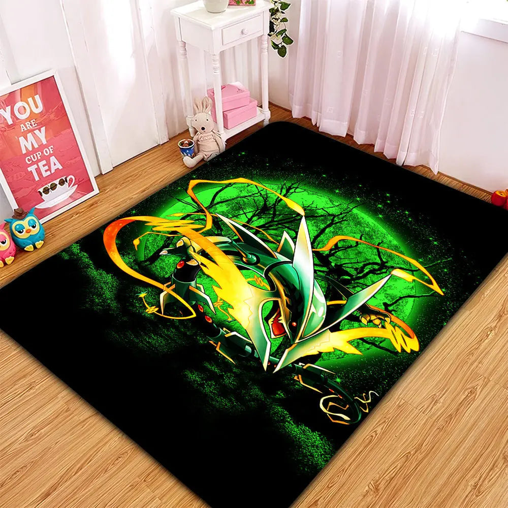 Mega X Rayquaza Pokémon rug with moonlight area carpet design, soft anime carpet for bedroom, living room, or home decor