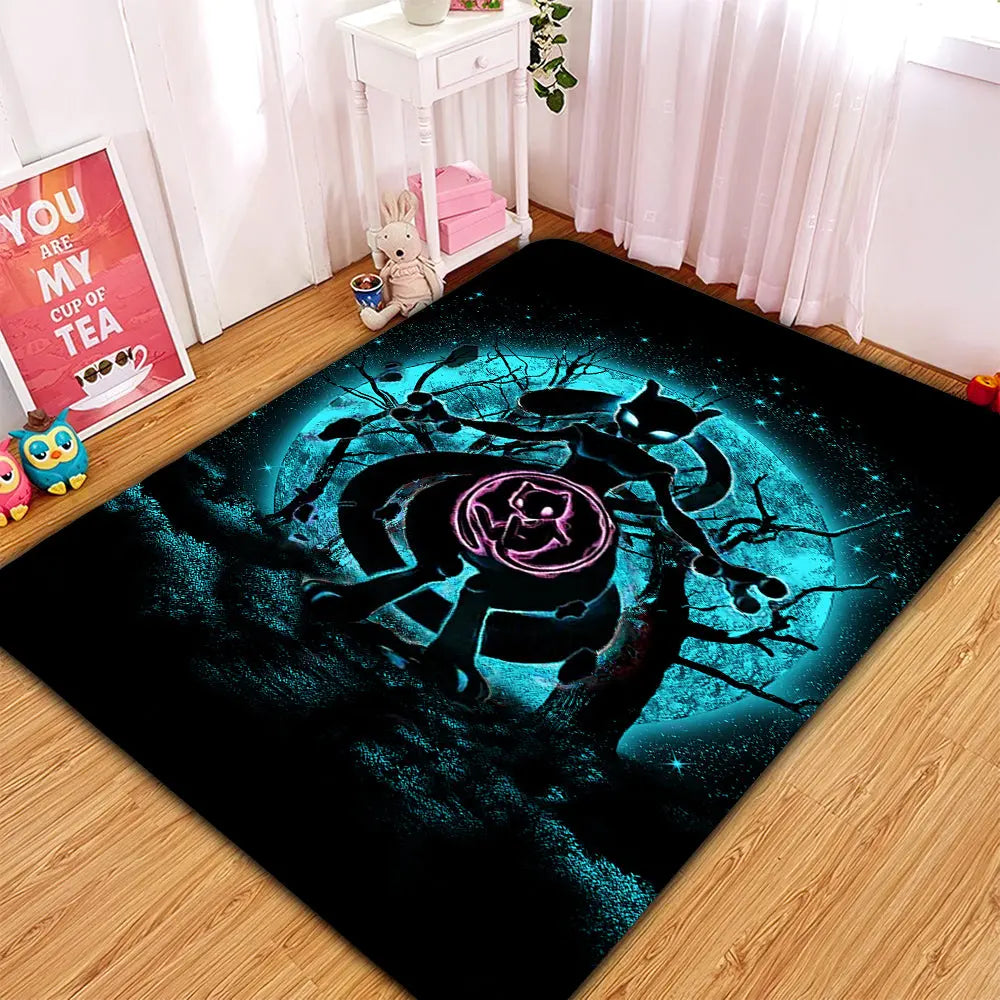 Mewtwo Pokémon rug with moonlight area carpet design, soft anime carpet for bedroom, living room, or home decor
