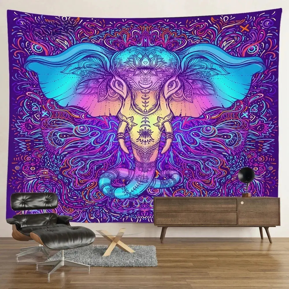 Psychedelic elephant head tapestry with vibrant mandala design in bright contrasting colors