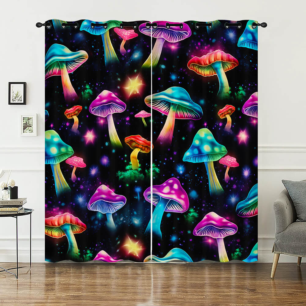 A pair of black curtain panels featuring a vibrant, colorful print of glowing neon mushrooms on a starry space background, hanging in a styled room with a wooden floor and gray armchair.