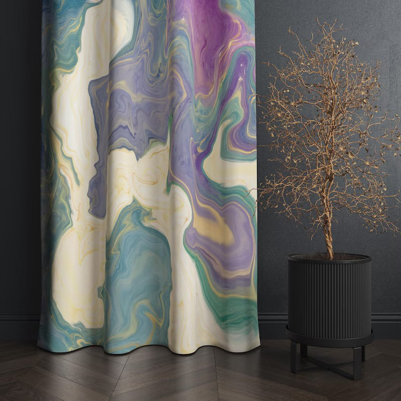 Purple, Teal, Cream Curtains, Marble Style Panel Curtains, Modern Marble Blackout Lining Panels, Modern Artistic Window Drapes