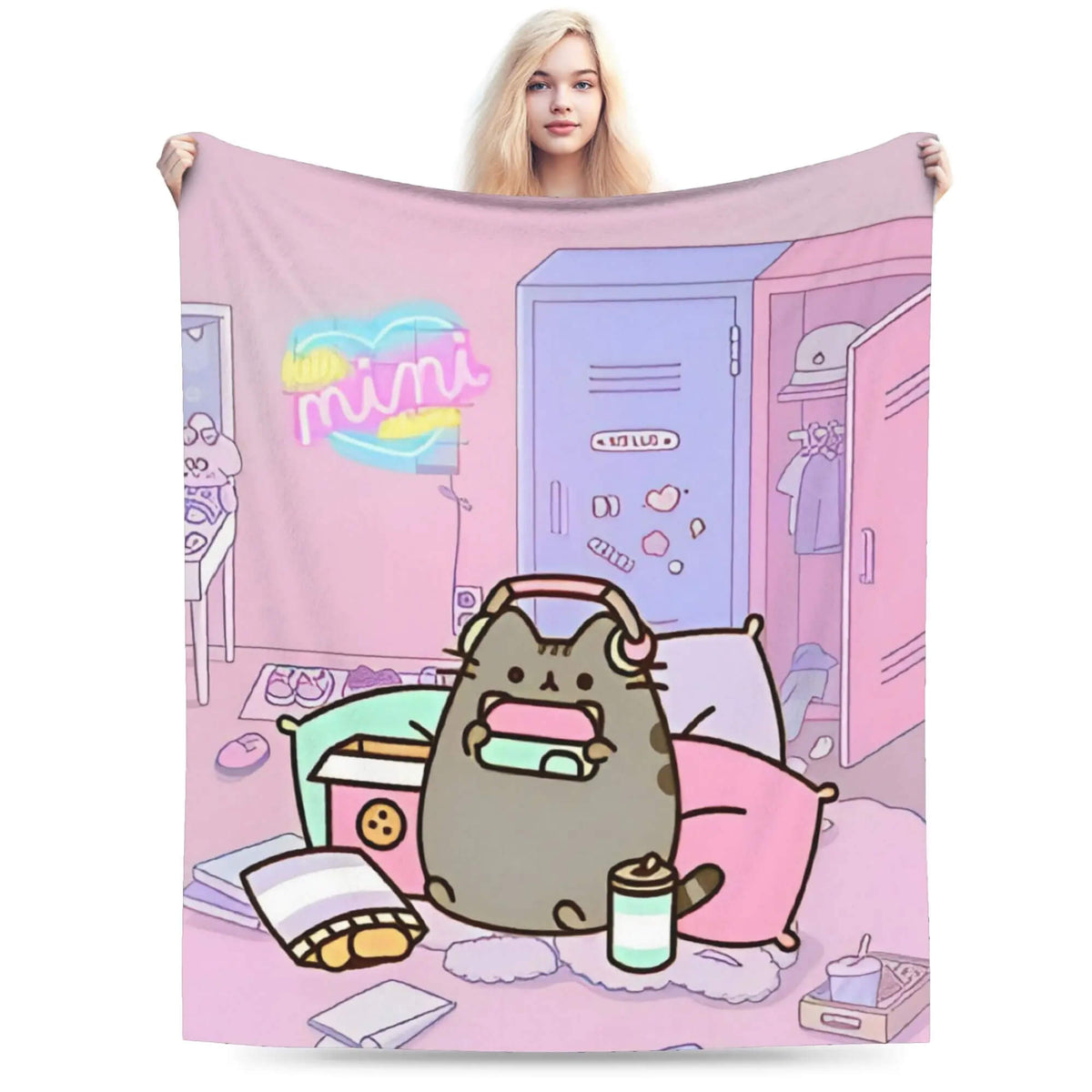 Colorful Pusheen cats fleece blanket for kids