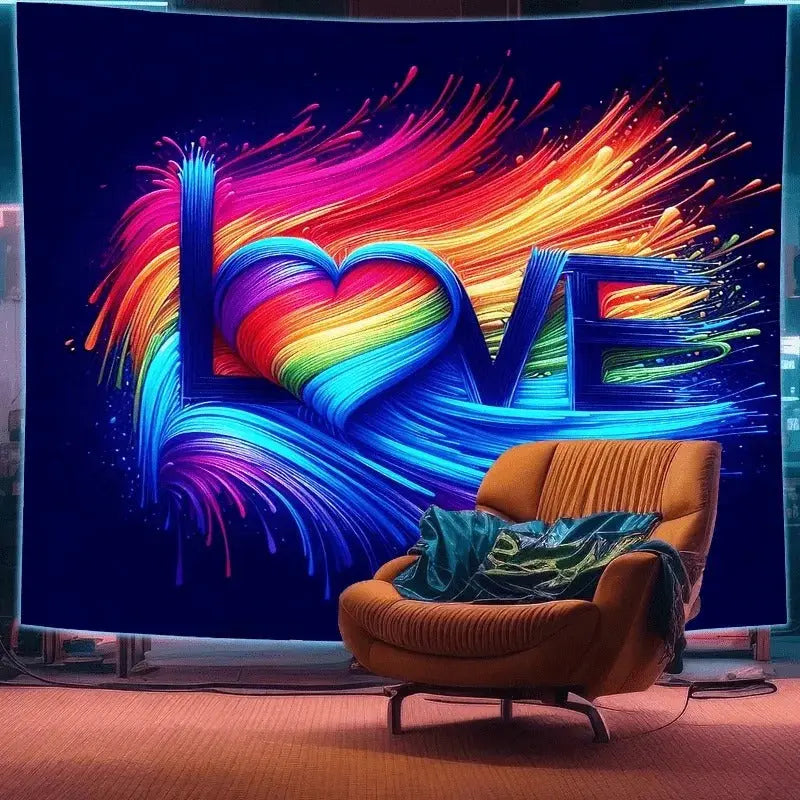 Rainbow LOVE heart tapestry with colorful streaks and armchair décor