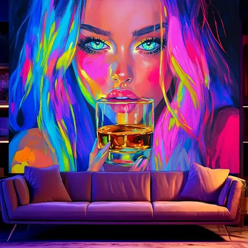 Neon drinking girl tapestry with rave aesthetic and glowing party ambiance