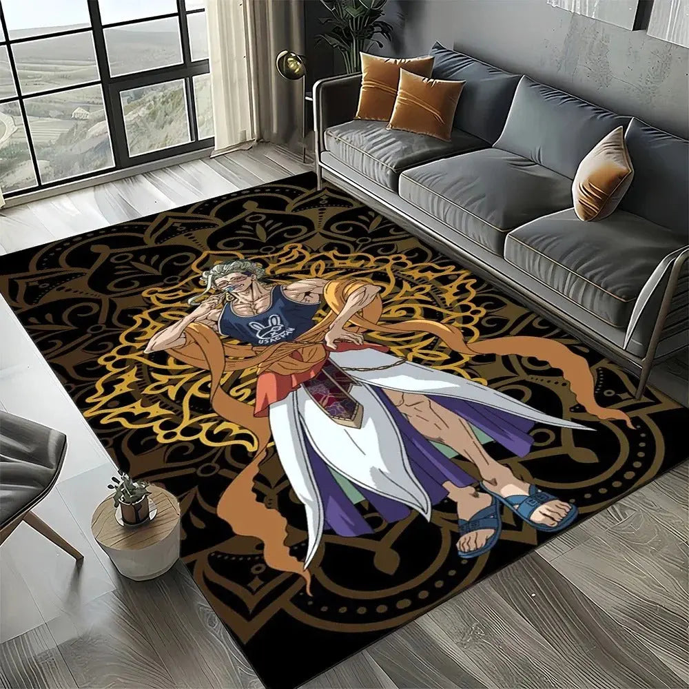 Anime-themed floor rug from Record of Ragnarok in modern bedroom