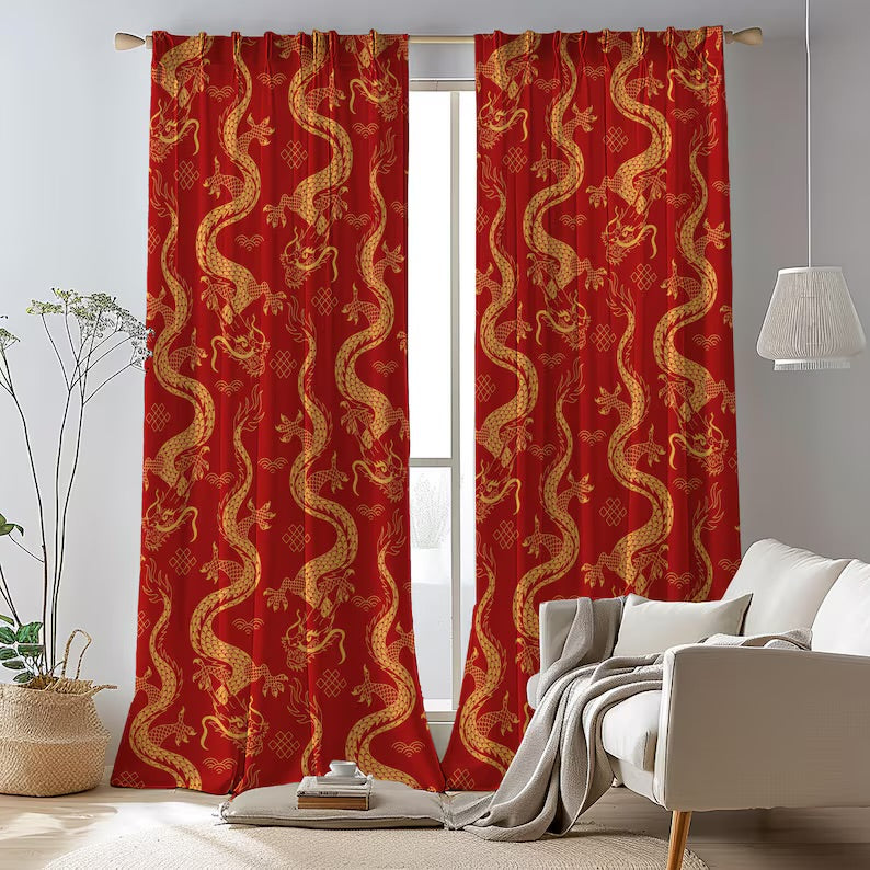 Red Dragon Curtains, Asian Inspired Window Drapes, Oriental Feng Shui Decor Panels, Mythical Chinese Dragon Panel Curtains