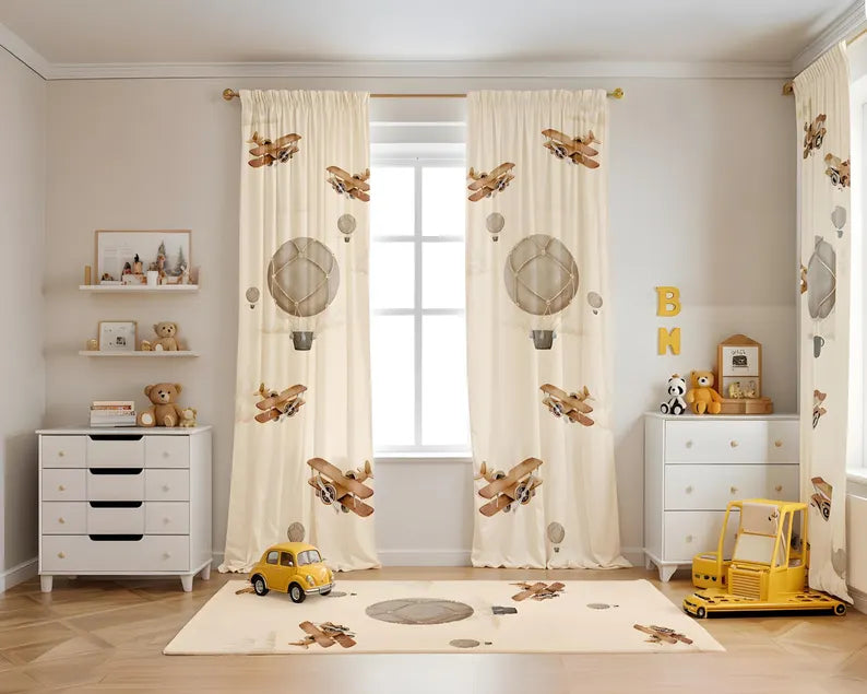 
Retro Airplane Blackout Curtain | Airplane & Star Pattern Window Curtain | Kids Room - Playroom - Baby Boy Room | All Size | Personalization