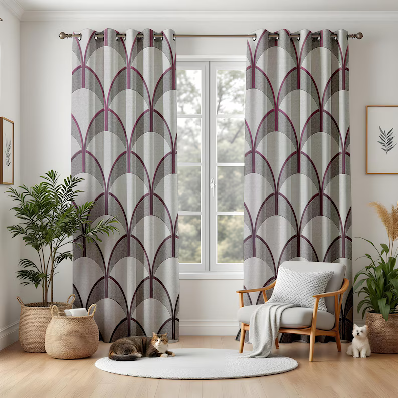 geometric window curtains retro theme