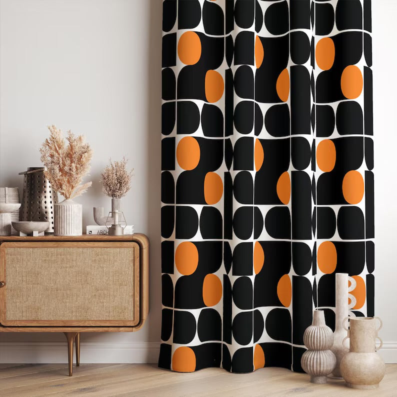 Retro Bauhaus Curtains Panel, Retro Geometric Abstract Curtains, 70s 80s Retro Bauhaus Curtains, Mid Century Modern Panels
