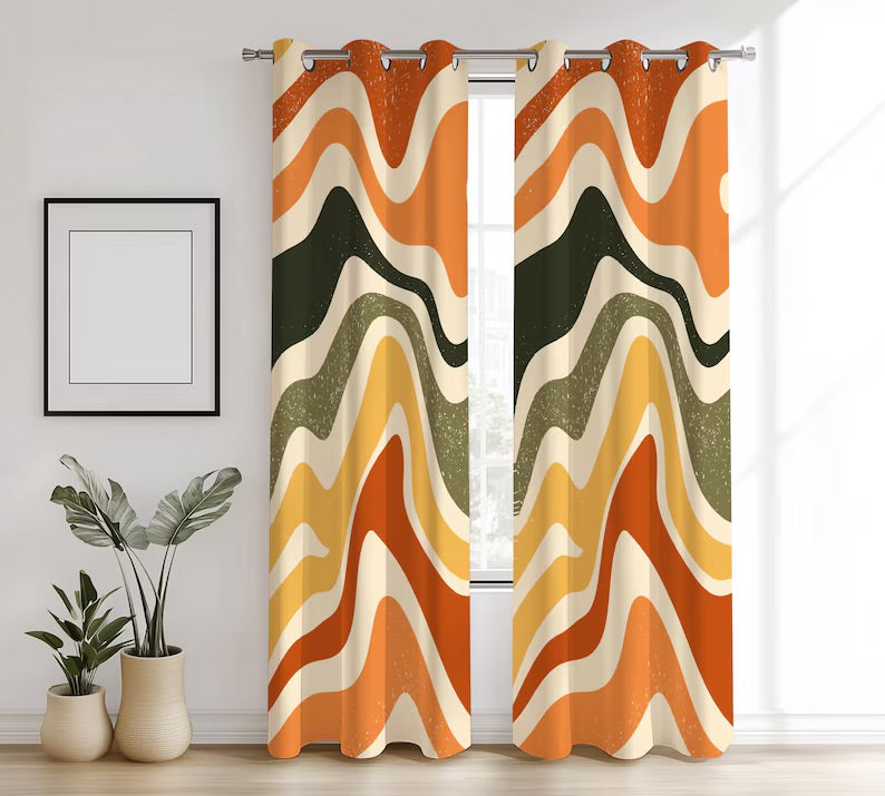 Retro Curtains, Retro Wavy Curtains Panel, 70s Hippie Curtains, 70s Mid Century Modern Curtain Panels, Blackout, Wavy Retro Drapes
