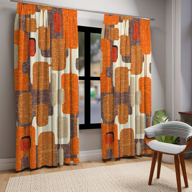 Retro Geometric Mid Century Modern Window Curtain, Vintage Atomic Age Decor, Mcm Curtain Panels, Living Room, Bedroom Decor