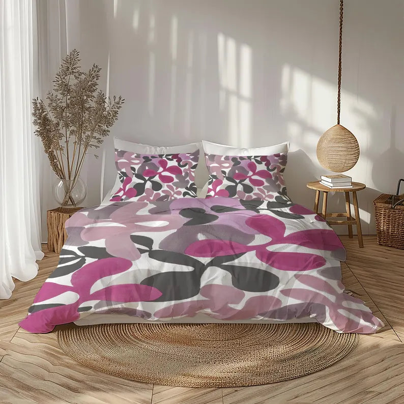 pink and gray floral bedding
