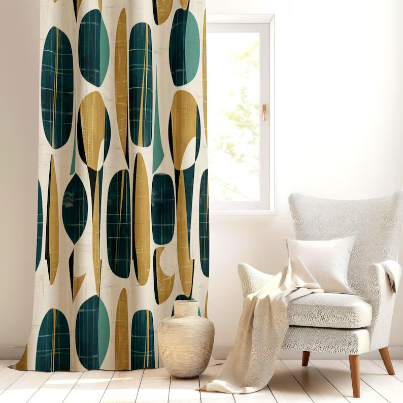 Retro Mid Century Curtain, Modern Abstract Curtain, Mustard Curtain and Valances, MCM Window Treatment, Boho Custom Design & Size Drapes