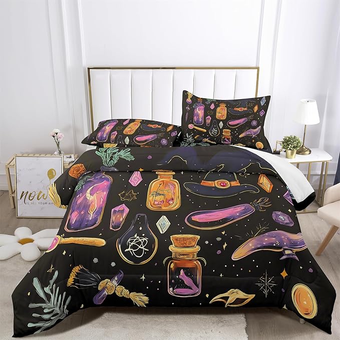 Retro Witch Print Halloween Witch Bedding Set Enchanted Sorceress Themed bedding Set