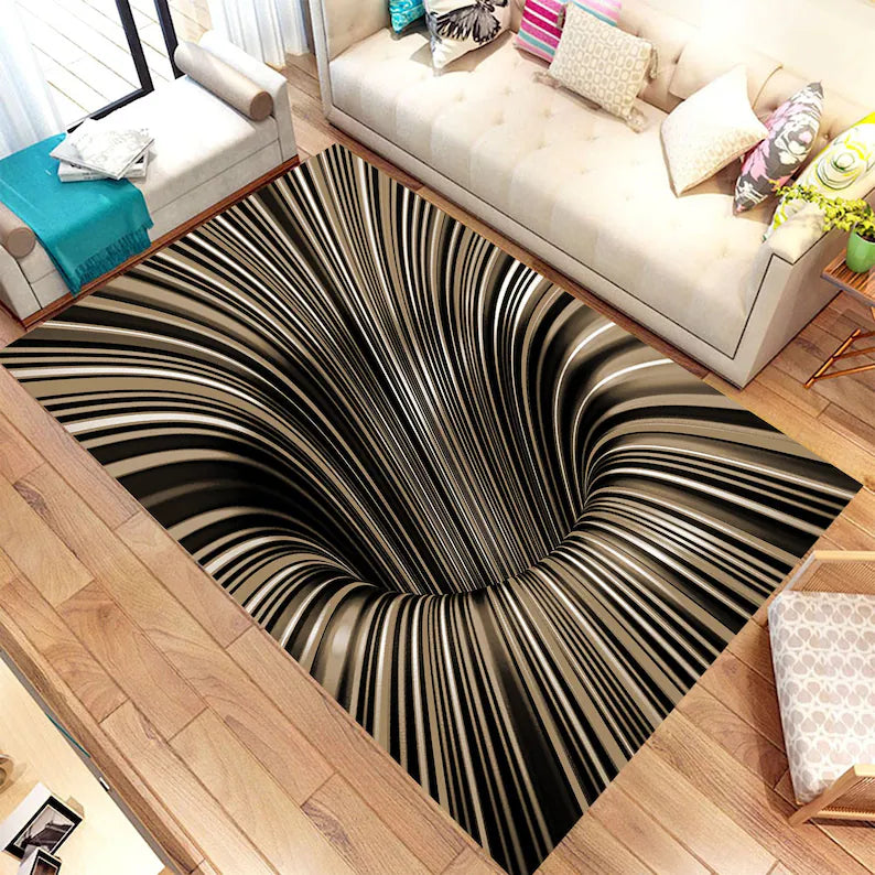 Rug with optical illusion design in a living room setting
