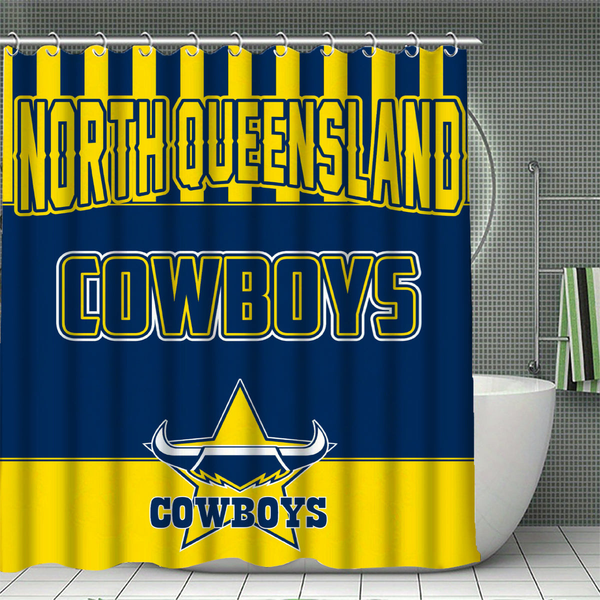 NRL bathroom curtain with rugby theme