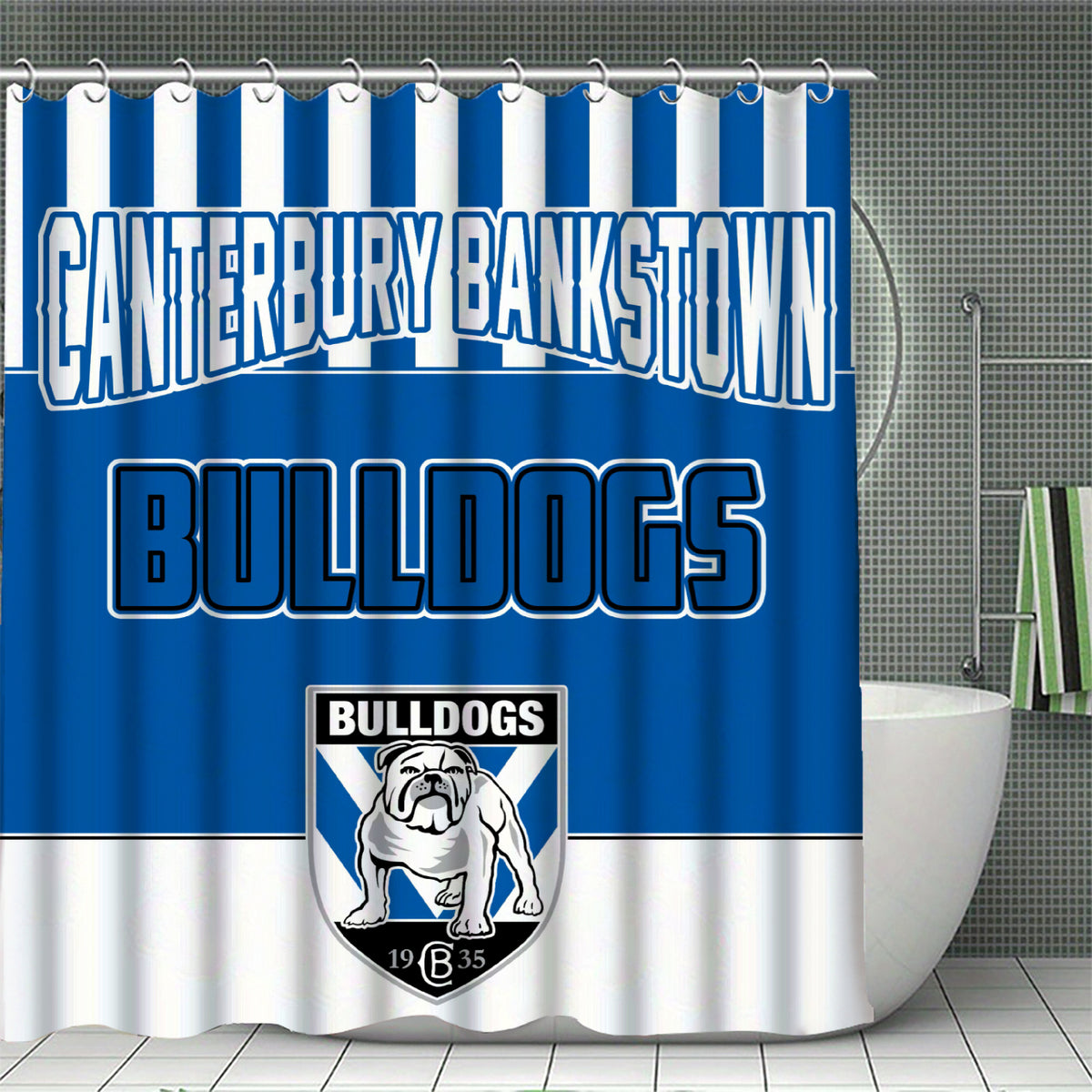 Rugby-inspired bathroom curtain