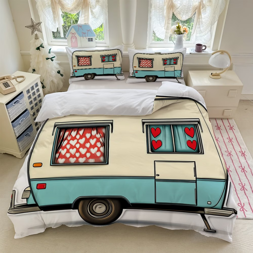Vintage camping duvet cover set with outdoor adventure theme
