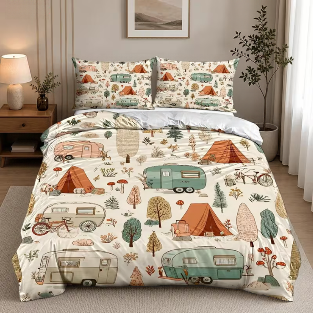 Vintage camper duvet cover with rustic camping artwork