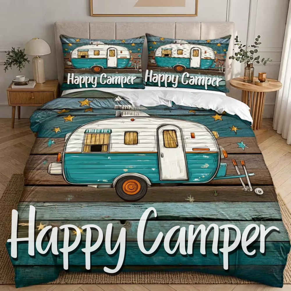 Rustic camper duvet cover featuring a vintage camping theme